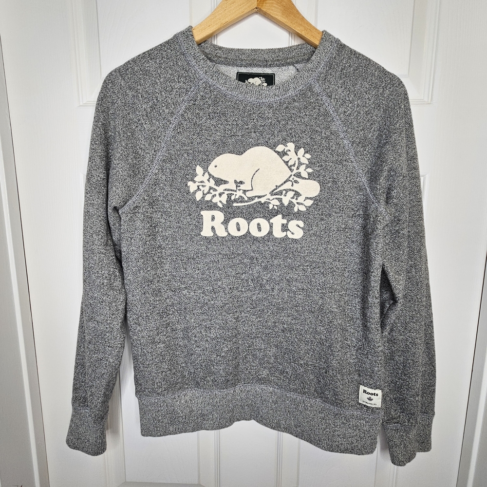 Roots Women's Salt & Pepper Sweatshirt Crewneck Classic Logo Size XS